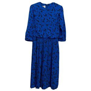 80s VLP Petites Blue Abstract Secretary Dress Elastic Waist Union Tag Vintage 14